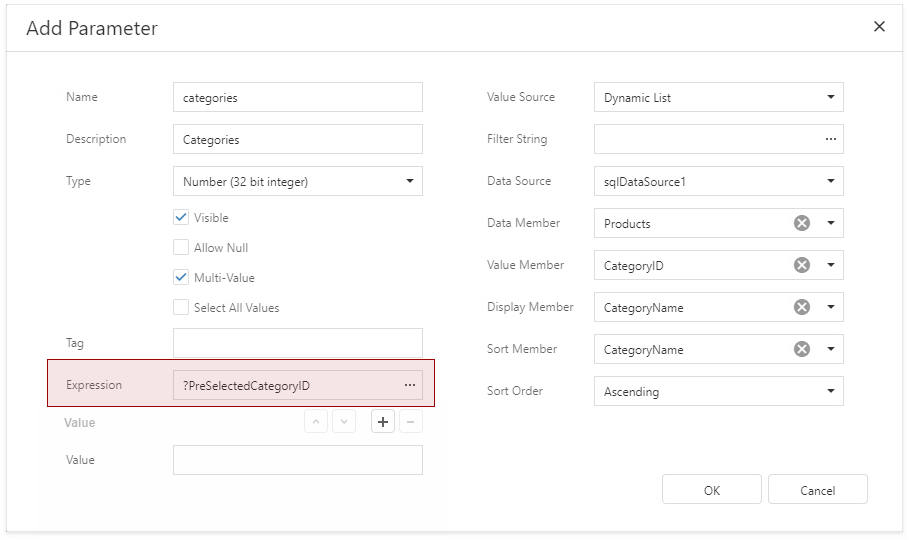 Set Expression to Preselect Multi-Value Parameter Values